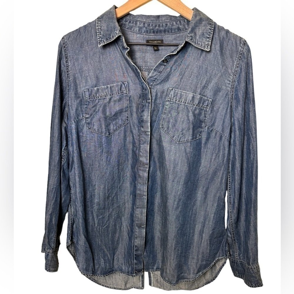 Talbots Blue Denim Chambray Long Sleeve Blouse Shirt Western Large Petite